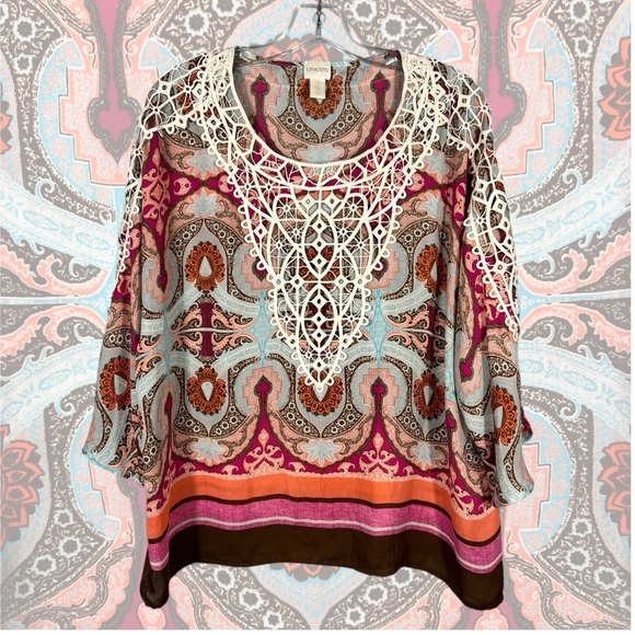 Boho Safari Chic Crochet Blouse Sz Medium Large Oversized 3/4 Sleeve Chico’s Top - Picture 3 of 9